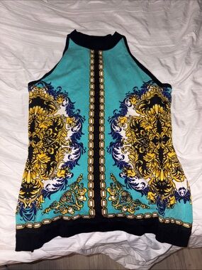 Cache Turquoise, Yellow & Black Baroque Halter Tank